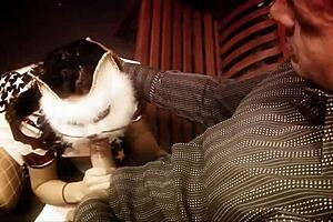 A guy spots a naughty brunette in a kitty mask, eager for a facial.