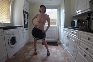 wife in uniform dances a sexy striptease, undressing slowly while clothes rip off her skinny milf body at home 😍