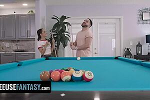 tiny slut freya deepthroats big cock on pool table!