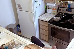 Stepmom helps stepson up with a wild kitchen fuck 😈