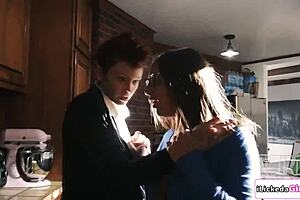 big tits lesbian babe strips and licks petite girlfriend's pussy