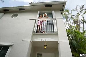 In the neighborhood, horny sluts share their neighbor's cock in a group session.