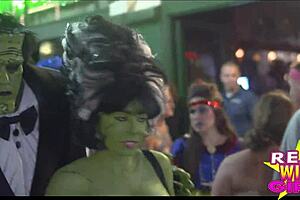 Slutty street flashing at fantasy fest party