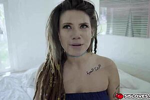 Busty Stepsister Strips Tattoo For Stepbro's Monster Cock In Tight Bedroom Pussy