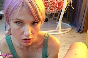 Pink-haired girl delivers amazing blowjob until cum in mouth