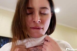 the brunette babysitter starts with a blowjob, then fingers herself while riding cowgirl, sucking and masturbating before full fucking