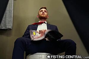 Mature boss catches redhead employee jerking in bathroom with extreme ass licking