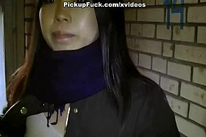 Young asian gives blowjob then takes it in the ass outdoors