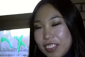 Young asian gives blowjob then takes it in the ass outdoors