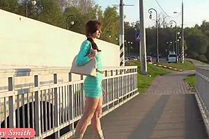 Jeny Smith flashes in transparent dress outdoors