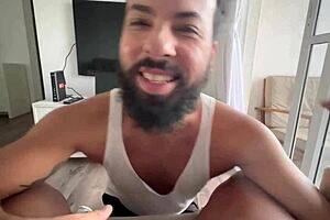 homosexual bearded man in retro blue film action