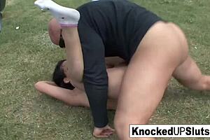 Pregnant slut gives intense blowjob to a hard cock in the outdoor setting