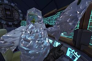 Space soldier rescues two women from a green goblin in this sci-fi tale