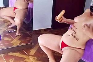 Naughty exhibitionist flashes ass and fucks dildo!