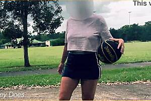 braless milf flashes in short skirt playing basketball outdoors—no panties!