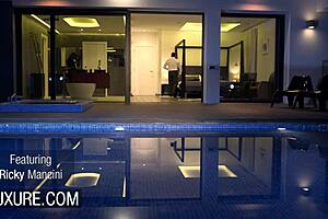 gorgeous brunette bends over in lingerie for threesome sex while husband watches