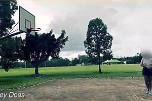 braless milf flashes in short skirt playing basketball outdoors—no panties!