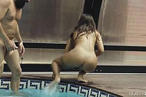 Susy Gala, tattooed brunette, sucks cock and titty wanks in her private pool?