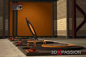 Busty girl cuffed in sci-fi anal machine