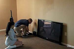 Curvy latina wife passionately cheats with cable guy, overwhelmed by desire while husband is away