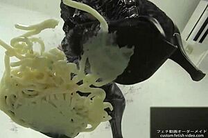 Asian lady stomps noodles in boots for foodcrush fetish