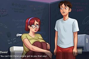 In Summertime Saga, Innocent Busty Redhead College Student Judith Shows Off Her Huge Tits In The Bathroom