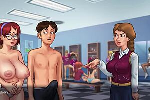 In Summertime Saga, Innocent Busty Redhead College Student Judith Shows Off Her Huge Tits In The Bathroom