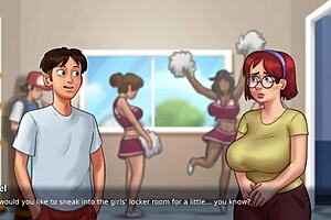 In Summertime Saga, Innocent Busty Redhead College Student Judith Shows Off Her Huge Tits In The Bathroom