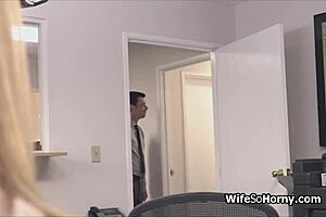 milf boss sneaks into the warehouse for a cheating blowjob on the new hard cock in stockings