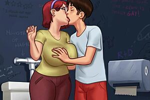 In Summertime Saga, Innocent Busty Redhead College Student Judith Shows Off Her Huge Tits In The Bathroom