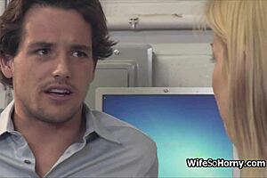 milf boss sneaks into the warehouse for a cheating blowjob on the new hard cock in stockings