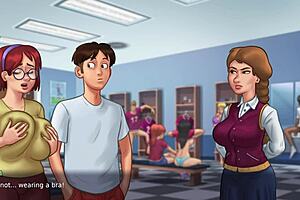 In Summertime Saga, Innocent Busty Redhead College Student Judith Shows Off Her Huge Tits In The Bathroom