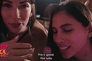 Couple teases French babe into blowjob and cowgirl threesome