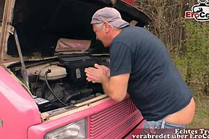 Holy Hell, Young German Hooker Screws Old Man in Public Car!