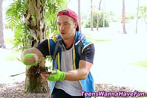 costumed teen 18+s at party getting blowjobs and facials from group