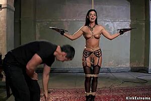 Slave gets rough anal fucking with metal dildo in bondage submission!