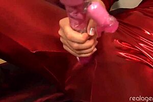 Sasha Rose Touches Her Cunt With Long Toy In Red Dress!