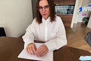 Sexy student in glasses seduces teacher with oral during exam, swallowing cum