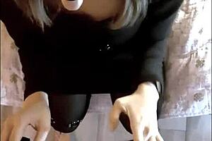 blonde with small breasts sucking a big dick