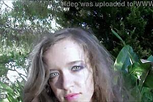 pretty teen 18+ lena luminescente strips outdoor with natural tits