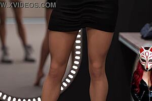 College brunette tries on sexy dress in public changing room, leading to cartoon sex game