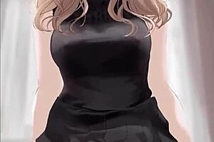 Anime girl rides dick in black dress