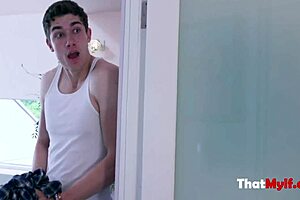 Angry blonde stepmom Madelyn Monroe bangs lazy teen 18+ stepson.