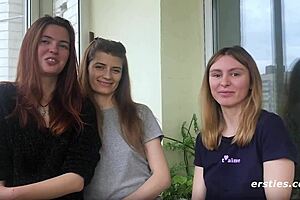 Horny girls in uninhibited lesbian threesome with masturbation.