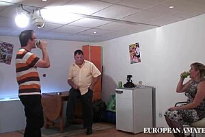 Chubby blonde gets double penetration and facial in fishnets