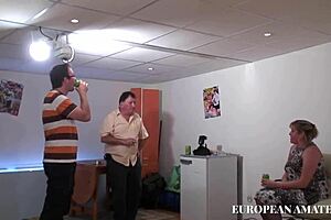 Chubby blonde gets double penetration and facial in fishnets