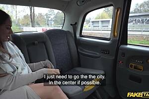 Horny brunette rides cock in fake taxi!