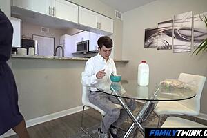 Familytwink's first school day turns into early morning gay threesome with muscular stepdad and stepuncle bodybuilders.