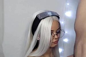 Blonde teen in cosplay thirsty for monster cock blowjob.