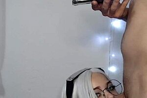 Blonde teen in cosplay thirsty for monster cock blowjob.